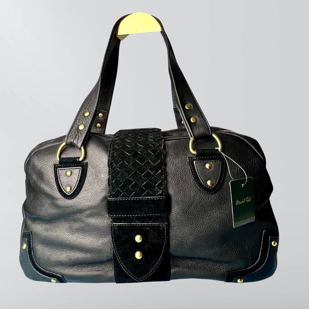 NWT Vintage Marshall Fields Black Leather & Suede Barrel Style Handbag Purse